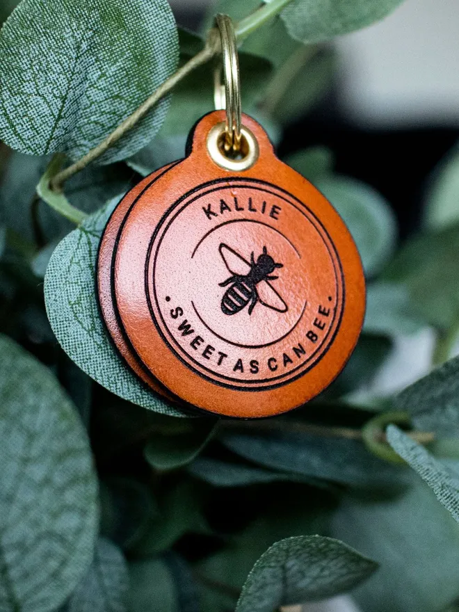 "Sweet As Can Bee" - Double Saddle Tan Leather ID Tag