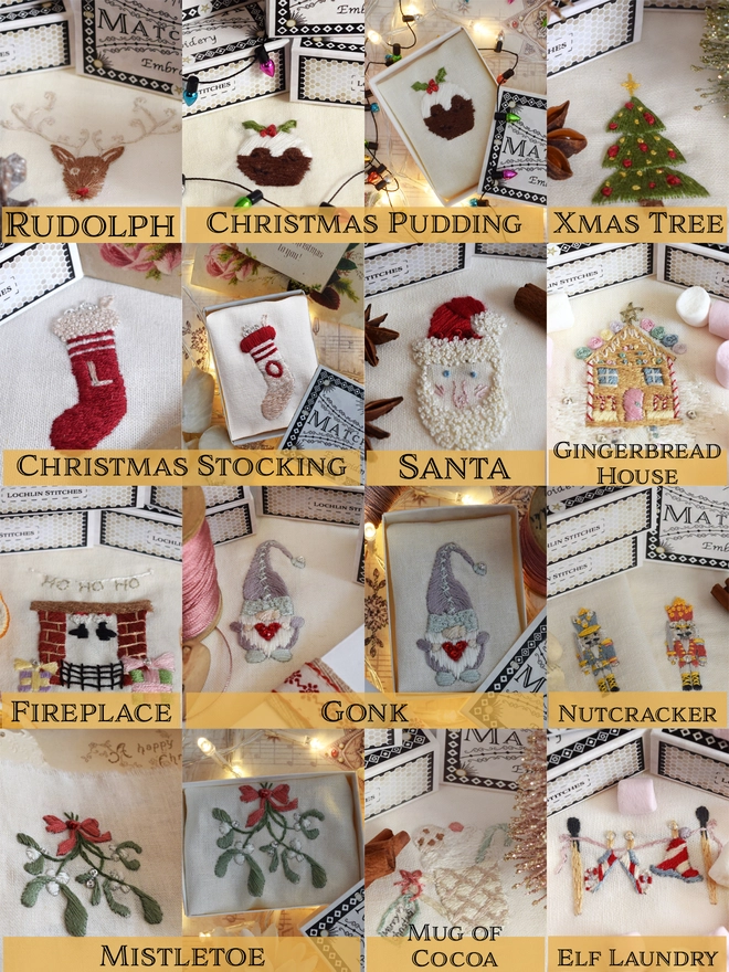  Showing each Christmas Matchbox design.  L-R, top-bottom.  Rudolph, Pudding x2, Tree, Stocking x2, Santa. Gingerbread House, Fireplace, Gonk x2, Nutcracker, Mistletoe x2, Mug of Cocoa, Elf Laundry.