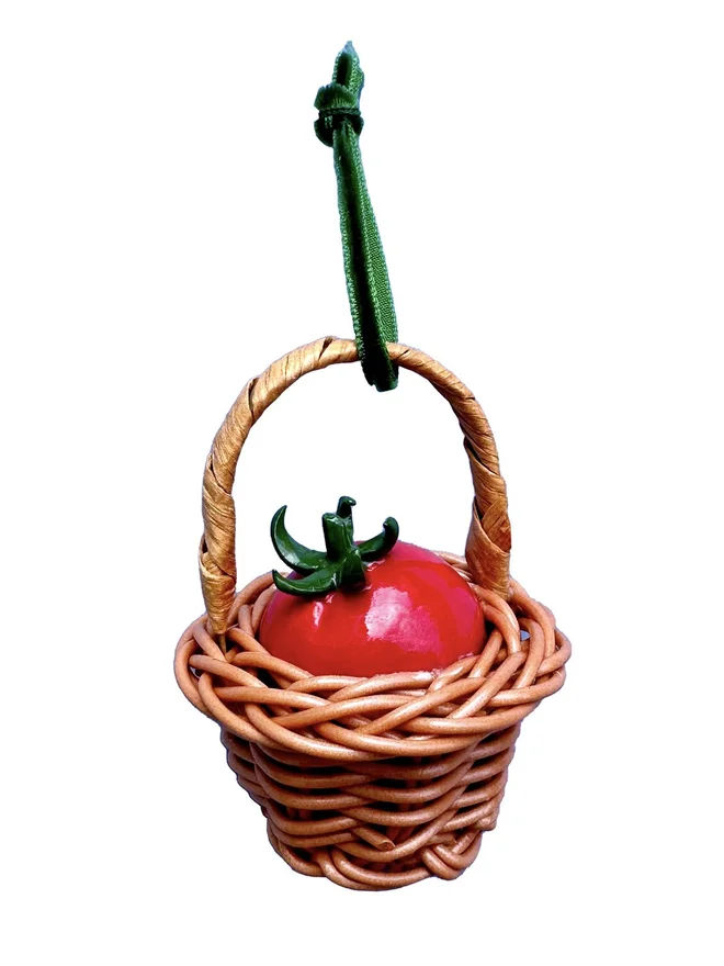 handmade ceramic cherry tomato in basket christmas decoration