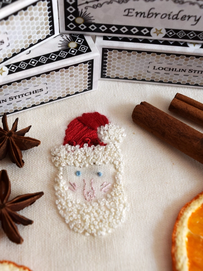 Classic Santa with his Scarlet hat and faux fur trims.  White beard, blue eyes and rosy cheeks.