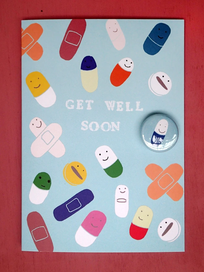 happy pills greeting card with pin badge