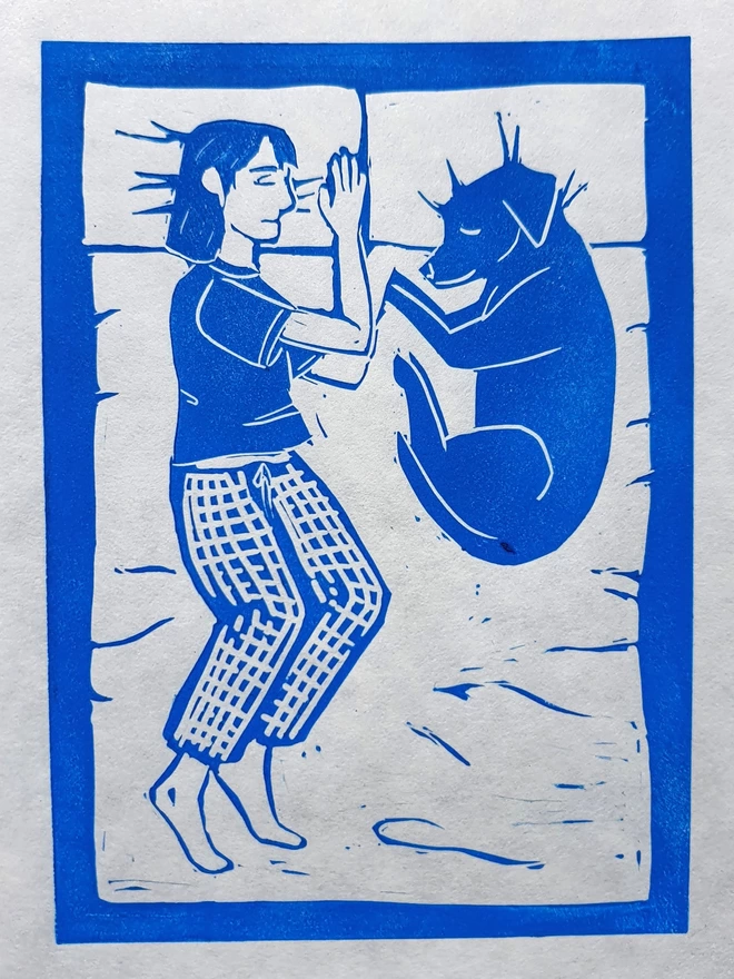 Dogs Before Dudes Lino Print Blue