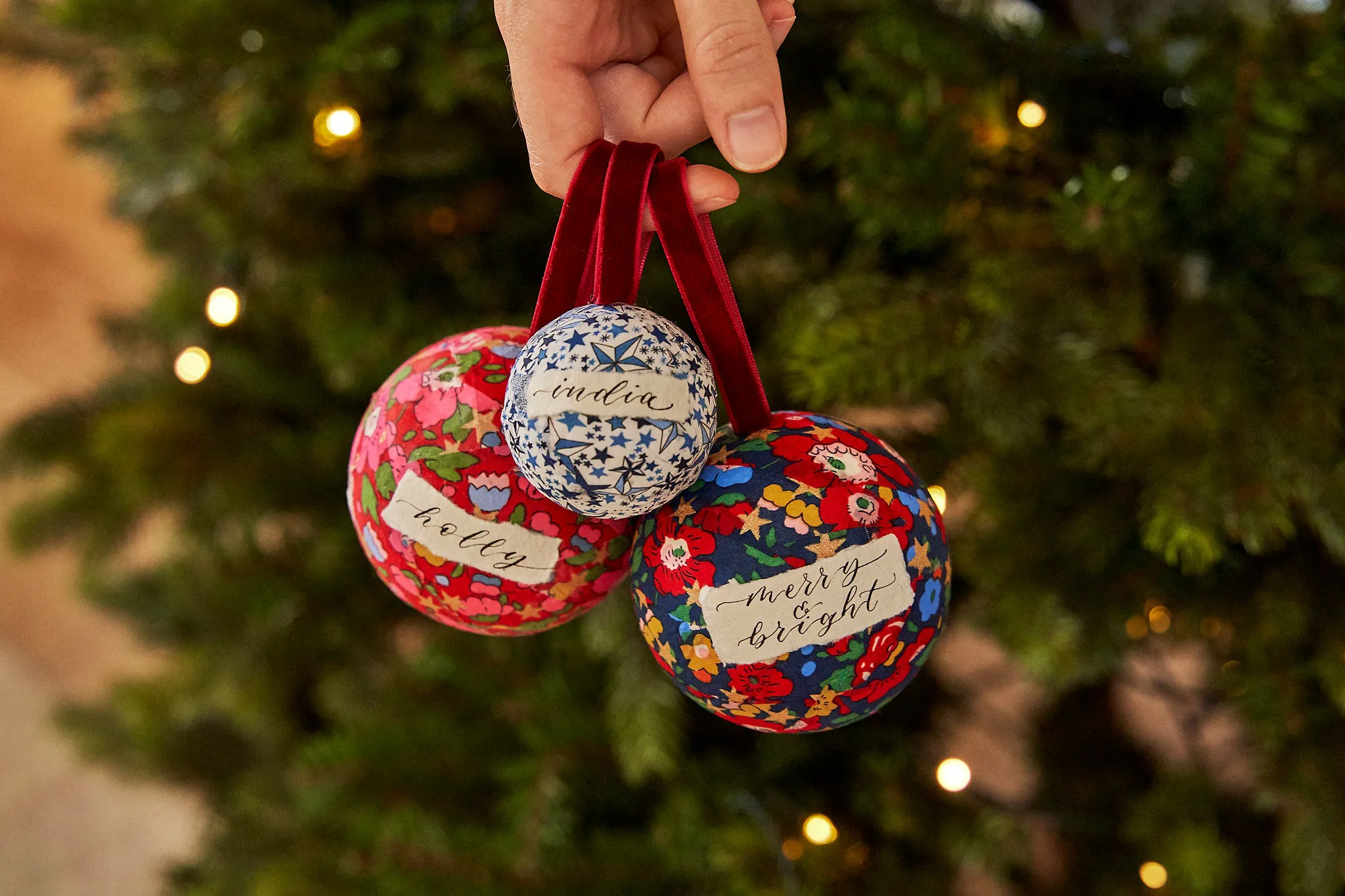 Personalised liberty fabric Christmas baubles