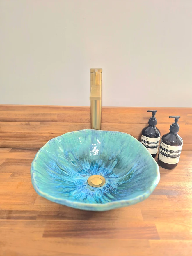 ceramic bathroom basin, bathroom sink, pottery basin, pottery sink, bathroom decor, bathroom furniture, blue, Jenny Hopps Pottery, Bespoke Basin, Handcrafted bathroom basin