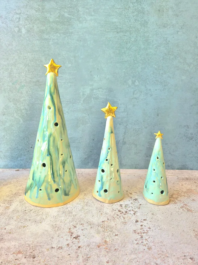 Christmas ceramic tea light lantern, christmas decoration, christmas candle holder, christmas accessories, christmas tree decoration, ceramic christmas tree, christmas tree with gold star, Jenny Hopps Pottery