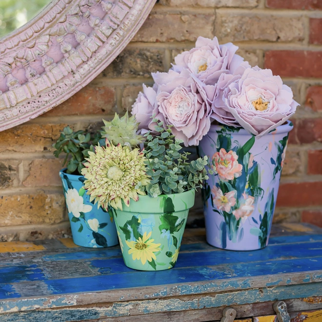 Hand painted colourful floral plant pots
