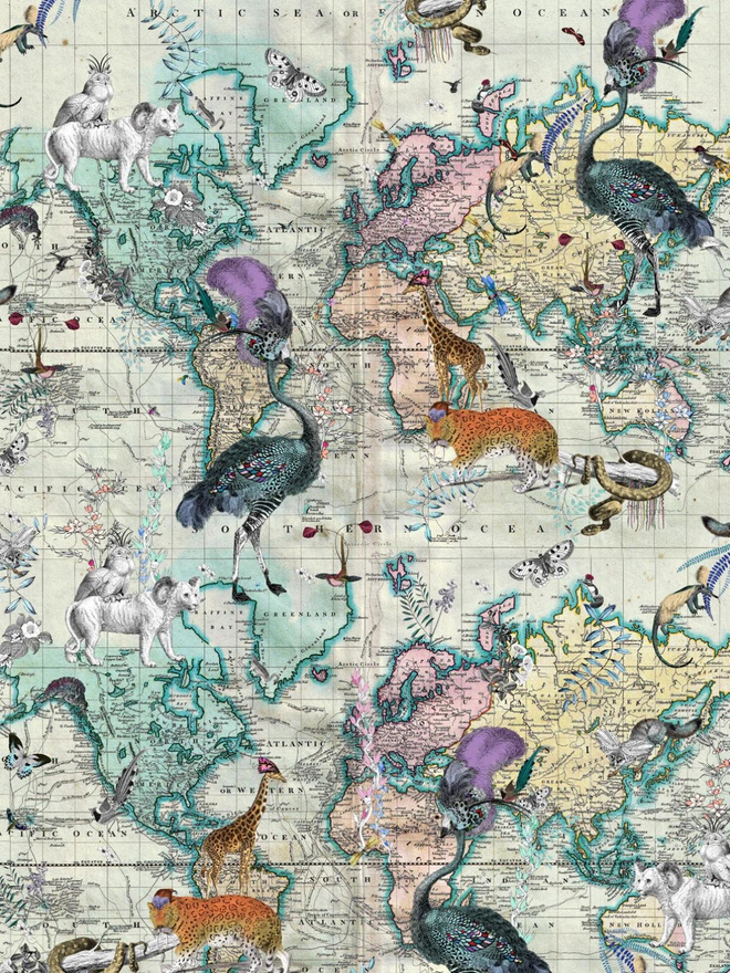 World Map Animal Light Wall Mural Wallpaper