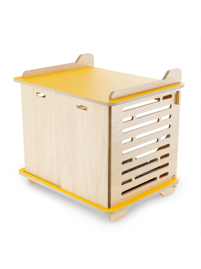 wooden dog crate side view with yellow top exterior doors