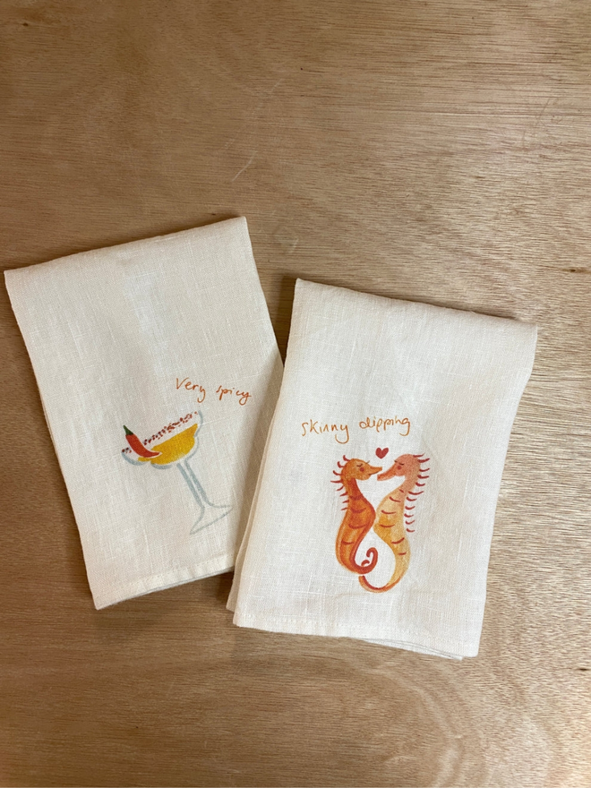 spicy margarita and seahorse couple print linen napkins set of two