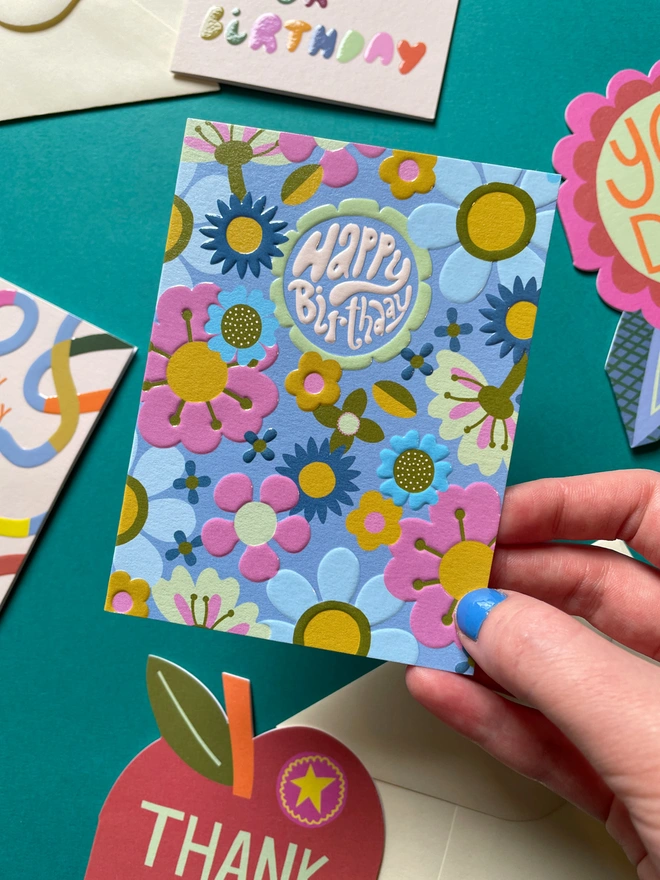 Joyful Mini Birthday Greeting Colourful Retro Floral Pattern | Raspberry Blossom