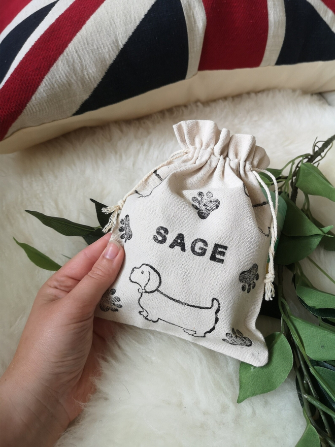 personalised cotton dog treat bag