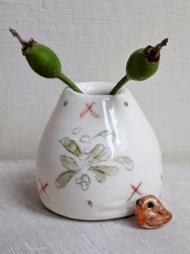 Miniature vase with hand painted mistletoe