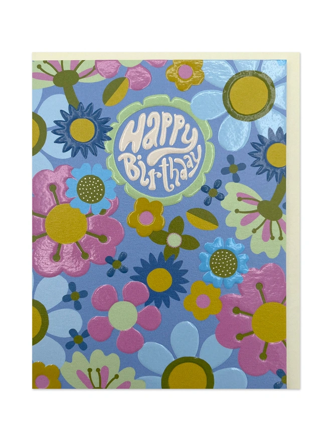 Joyful Mini Birthday Greeting Colourful Retro Floral Pattern | Raspberry Blossom