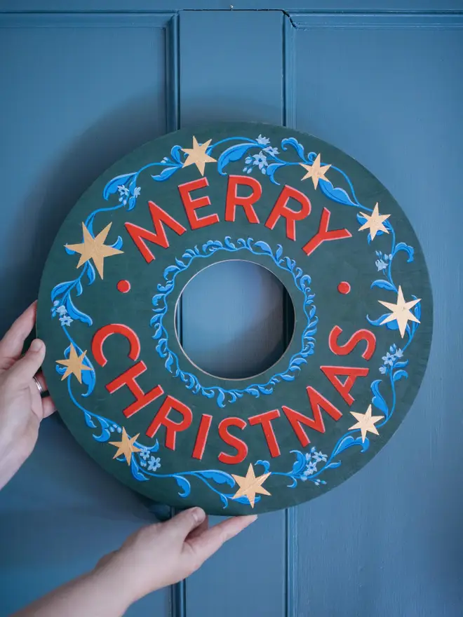 Merry Christmas blue wooden wreath