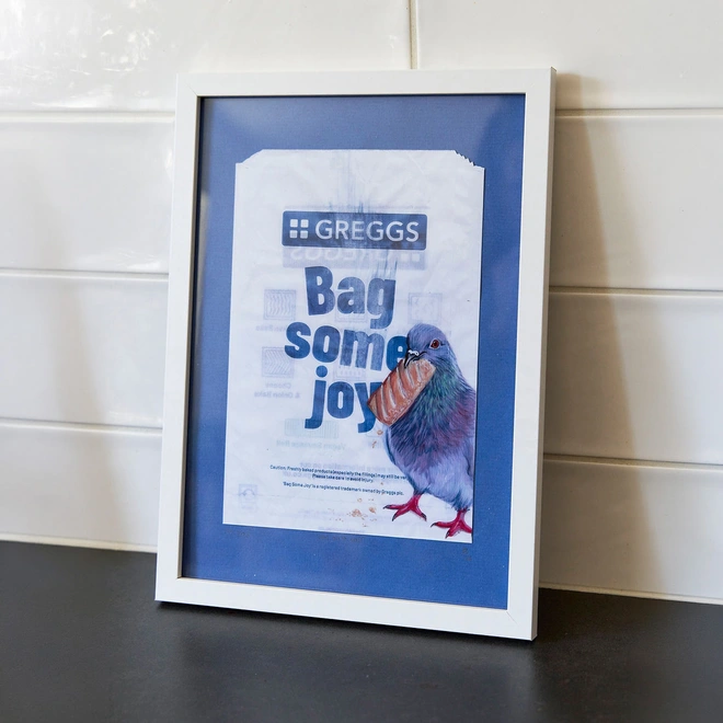 He's on a roll Gregg's sausage roll pigeon artwork