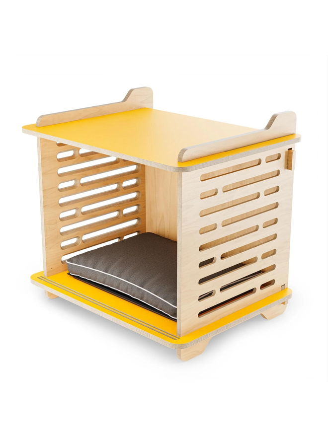 wooden dog crate with cushion and yellow top and base