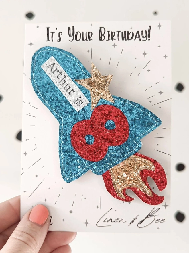 Personalised Rocket Glitter Birthday Badge