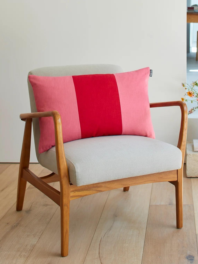 Colour Block Linen Cushion – Cherry/Rose