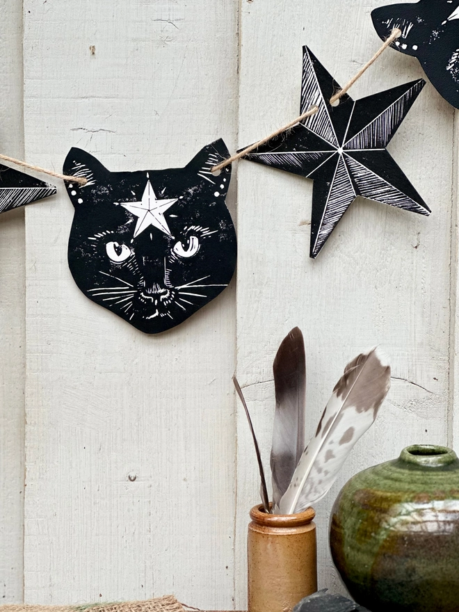 Hand Printed Black Cat & Stars Garland