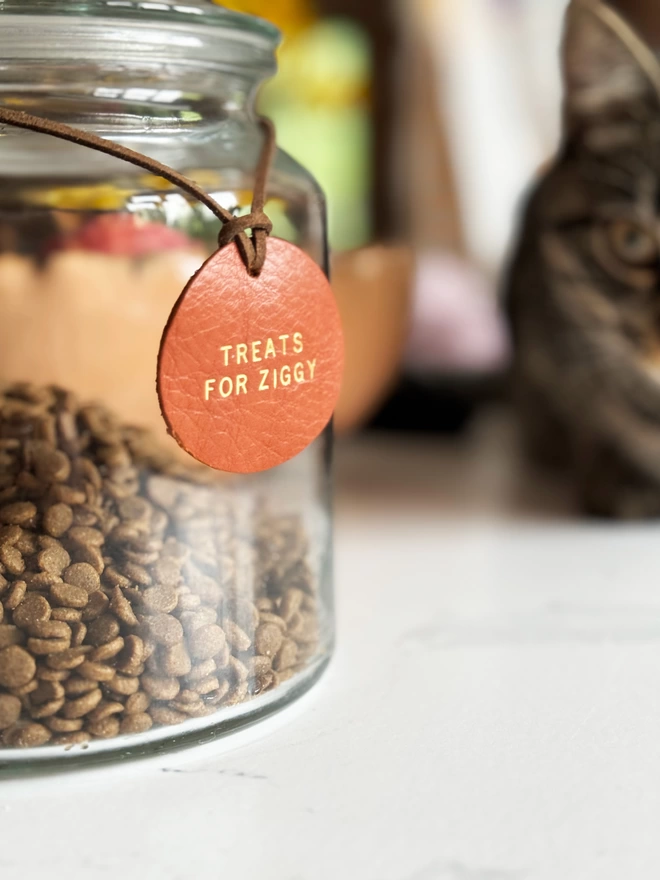 Tan leather tag for treat jar for your pet.