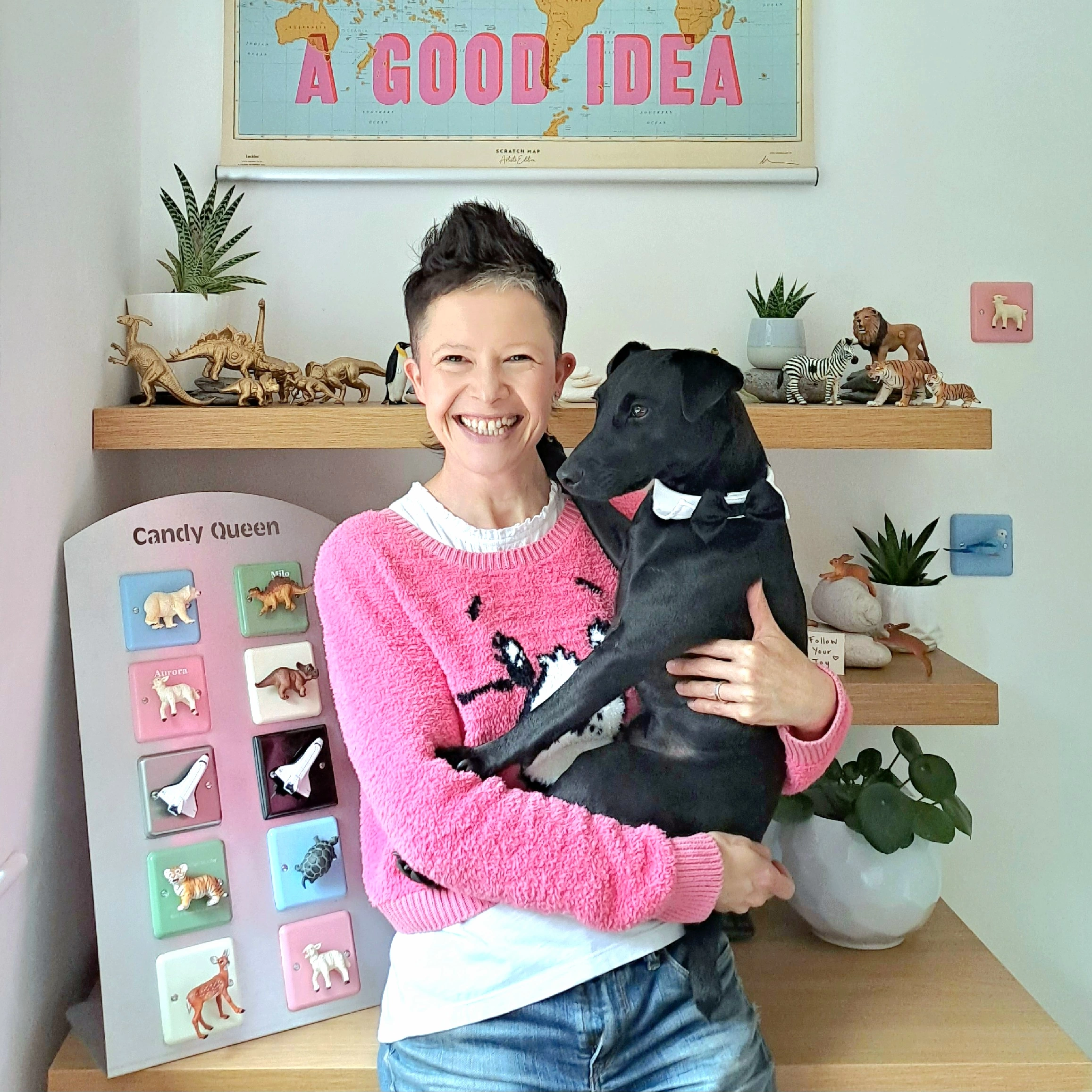 A white female known as The Candy Queen stands in front of a laminated oak desk, to her left is a stainless steel stand with Candy Queen laser cut out of it, the stand holds 10 dimmer switches in retro pastel colours with animals on. The Candy Queen wears a pink Care Bear jumper, white blouse and denim shorts, she is holding three light switches in one hand and five animal knows in the other, she is wearing heart shaped dark black rimmed sunglasses and is grinning. On the shelf behind her are rows of animal knows and house plants in white plant pots.