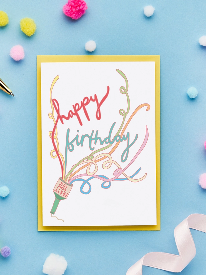 Party Popper Birthday Card with Yellow Envelope