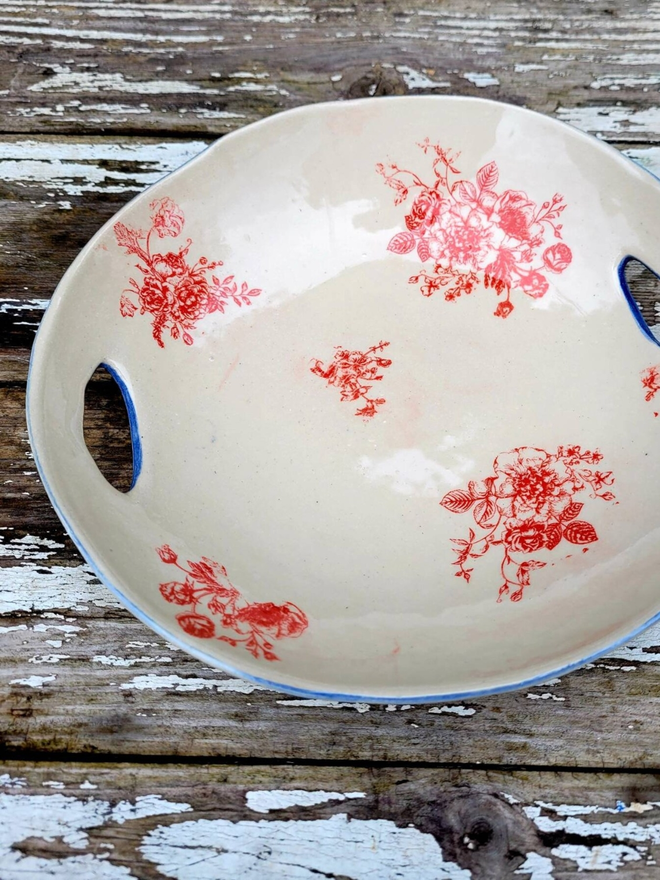 Floral White Ceramic Dish With Cut Out Handles