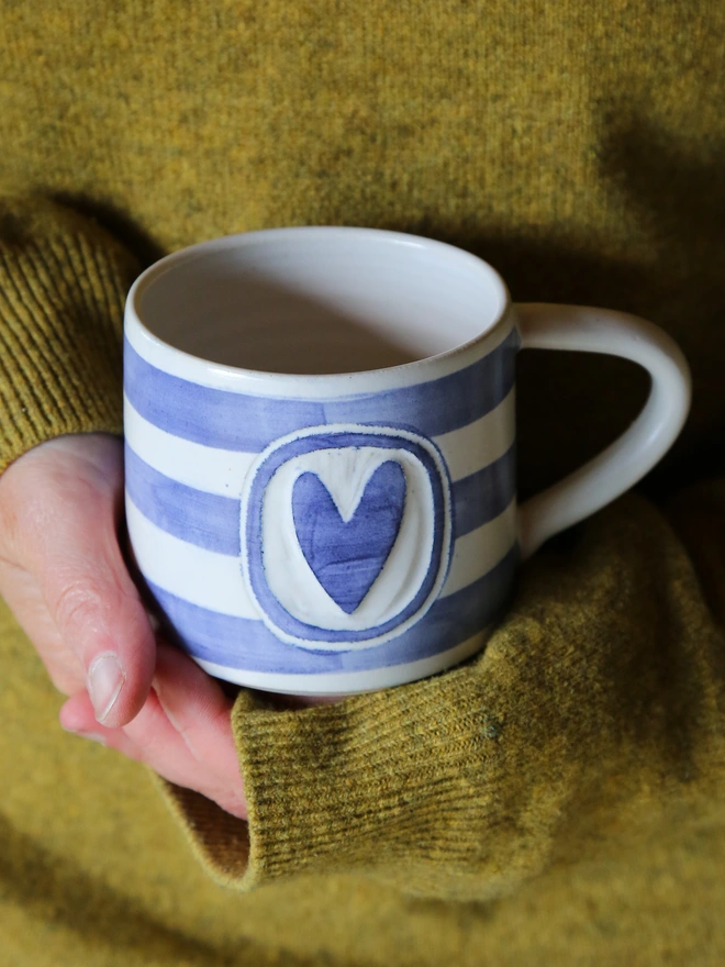 blue and white stripy mug with heart