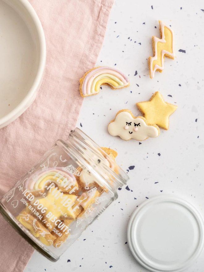 cloud rainbow star lightning iced dog biscuits with jar