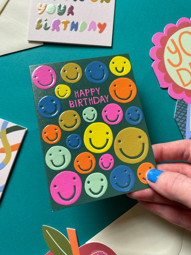 Fun Mini Happy Birthday Card Colourful Smiley Face Pattern | Raspberry Blossom