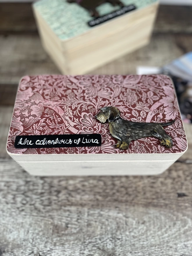 A dachshund keepsake box with a wire haired dachshund and " the adventures of Luna" added on a small black plaque with hand- writing style writing