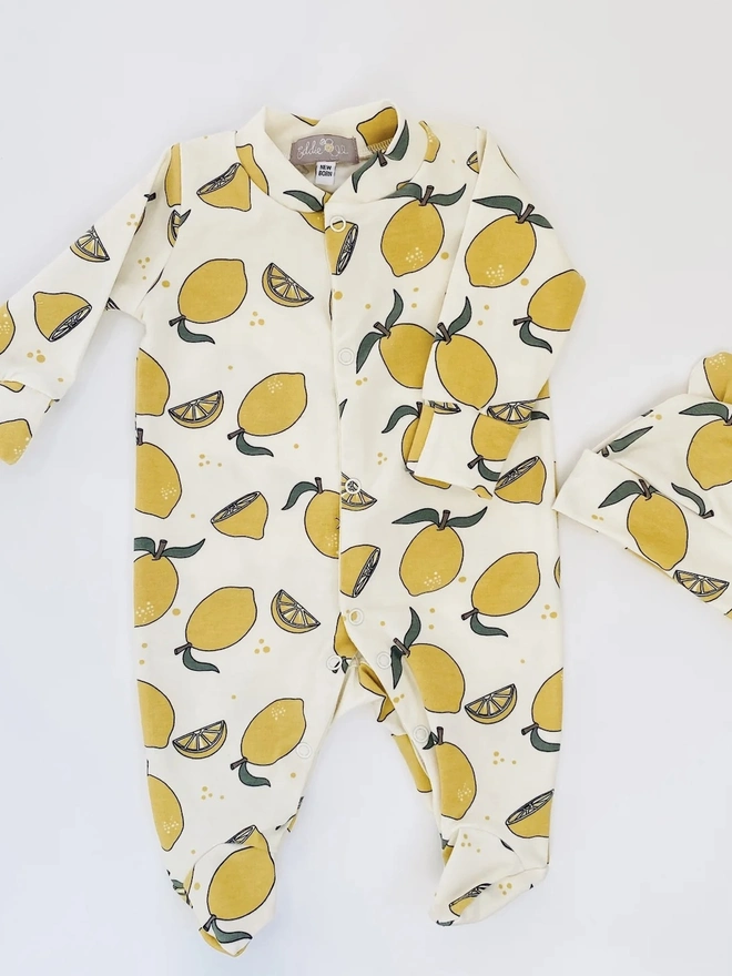 Organic Cotton Baby Sleepsuit in Cream " Lemon Grove " print