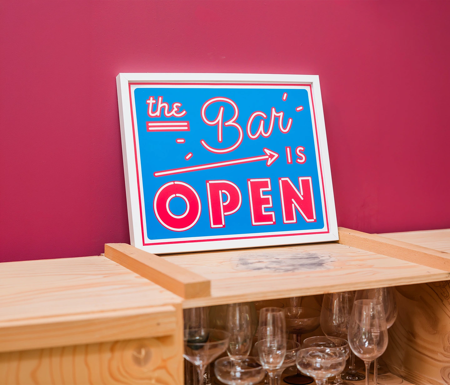 The bar is open bold colourful sign
