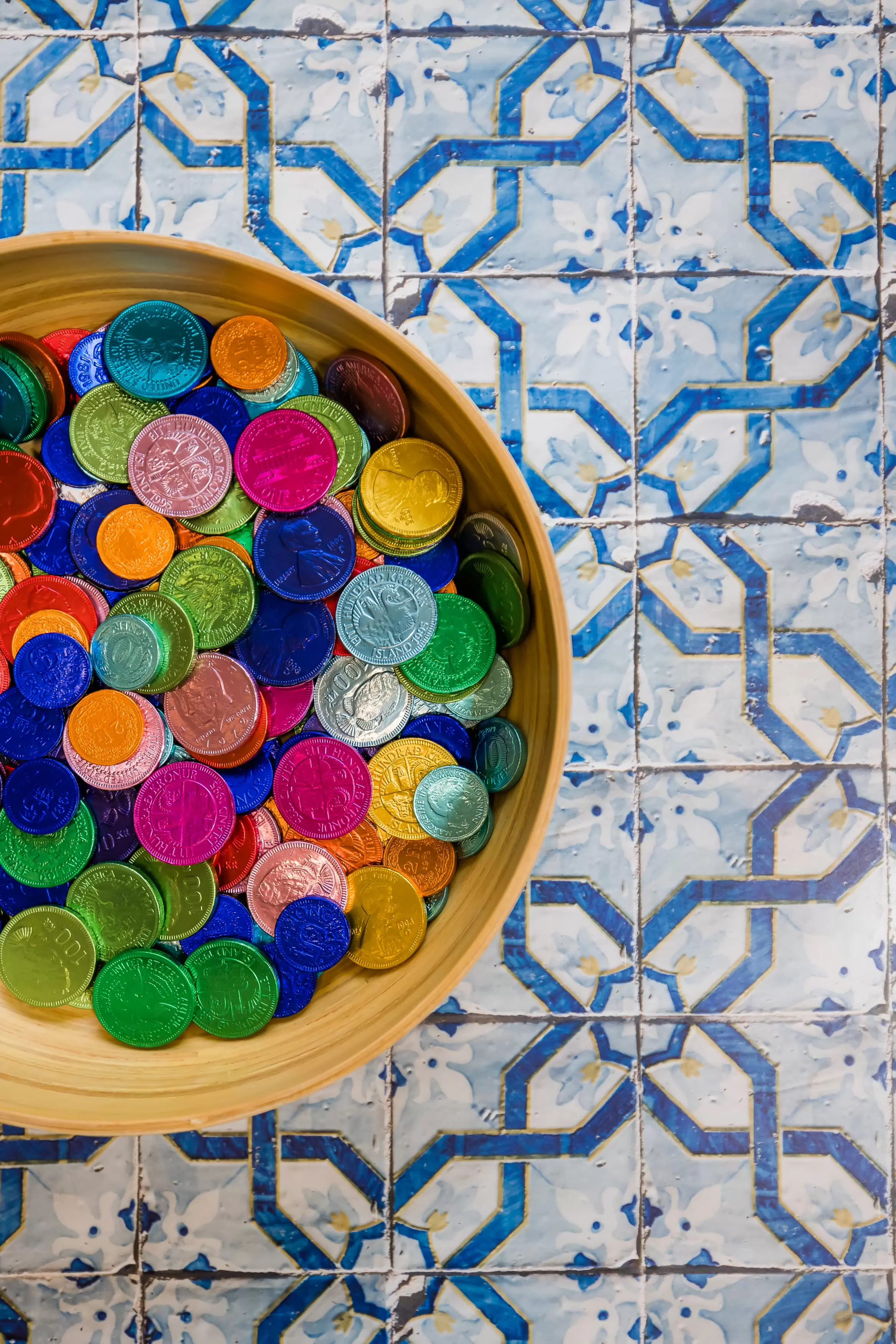 Colourful chocolate buttons in wooden bowl