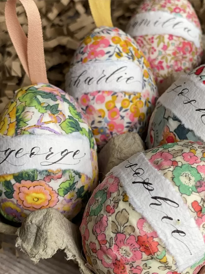 Half a Dozen Personalised Liberty fabric decorative eggs in egg carton