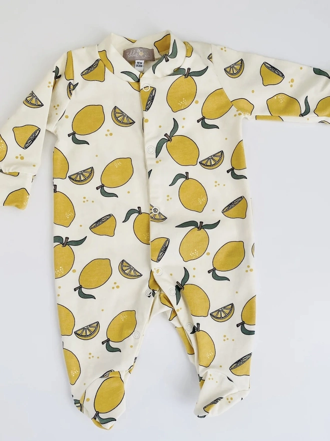 Organic Cotton Baby Sleepsuit in Cream " Lemon Grove " print