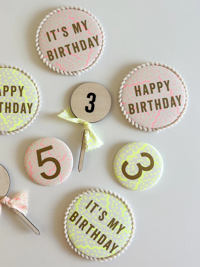 Neon Yellow and Pink Confetti Print Birthday Number Badge