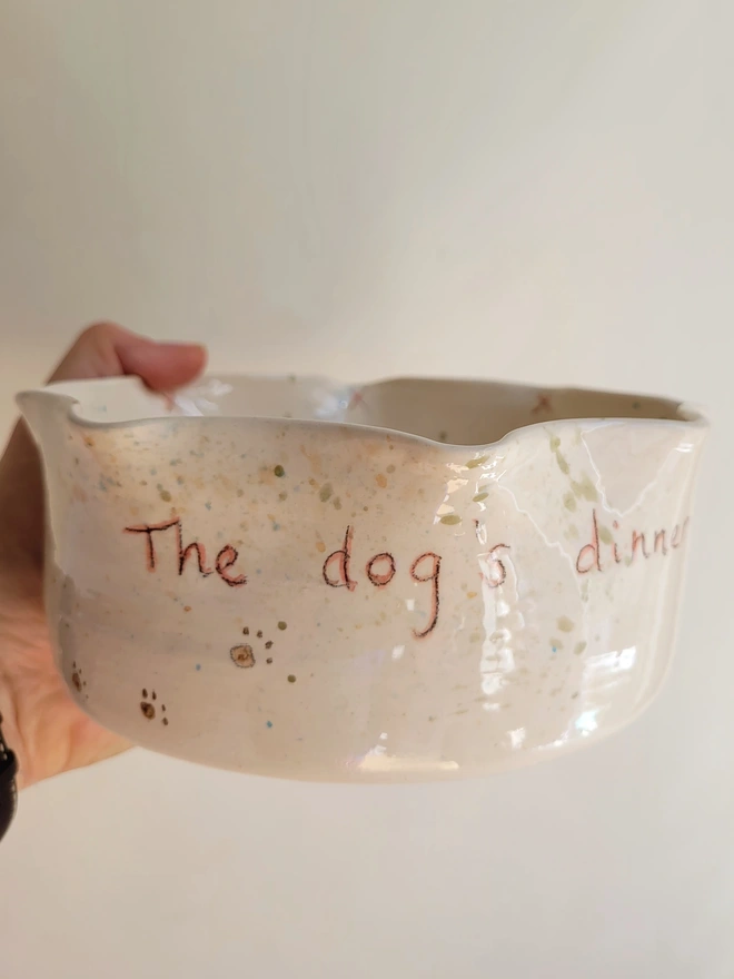 ivory ceramic dog bowl with 'the dog's dinner' written on the side with brown green and blue splatters and pawprints held in a hand