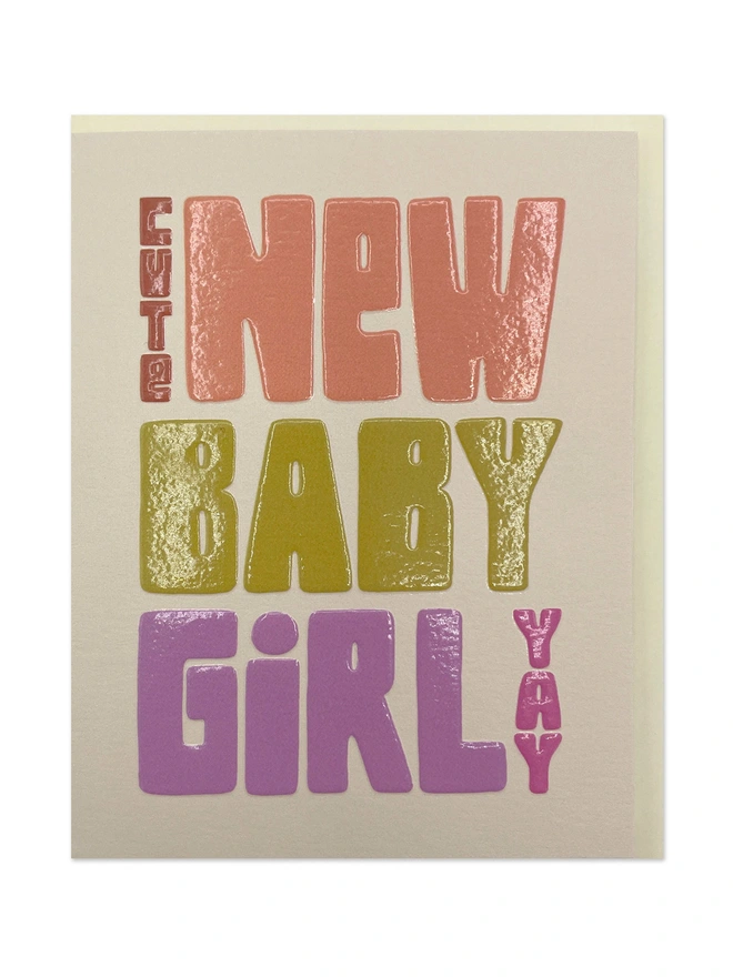 Cute Mini New Baby Girl Card Colourful Chunky Lettering | Raspberry Blossom