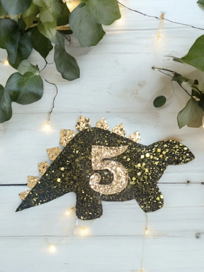 Personalised Glitter Dinosaur Birthday Badge. 