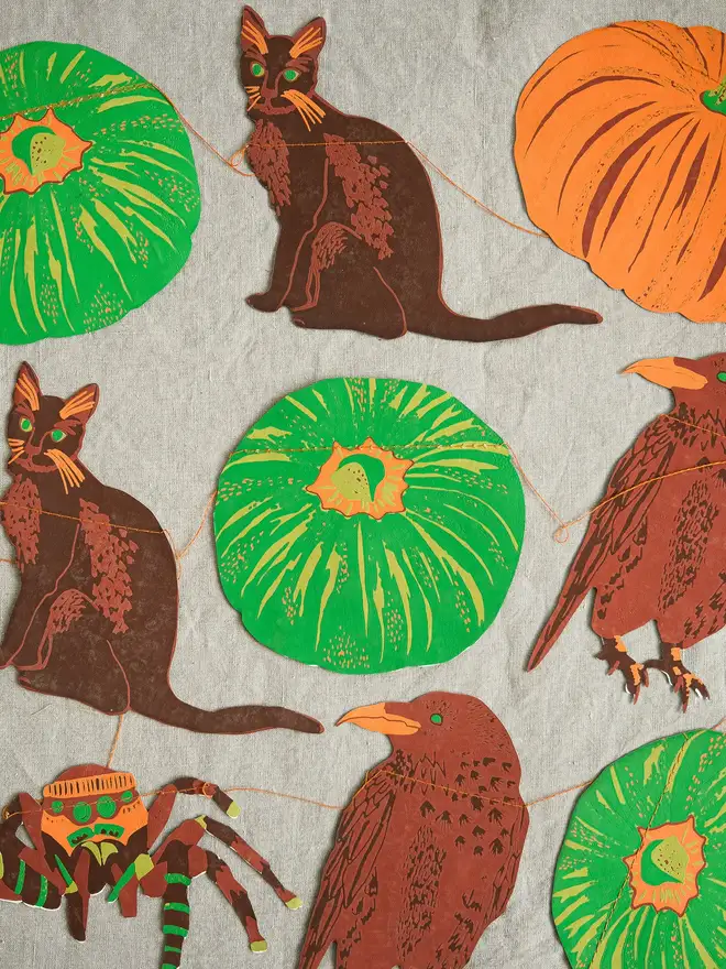 cat pumpkin crow spider screen print paper garland decoration