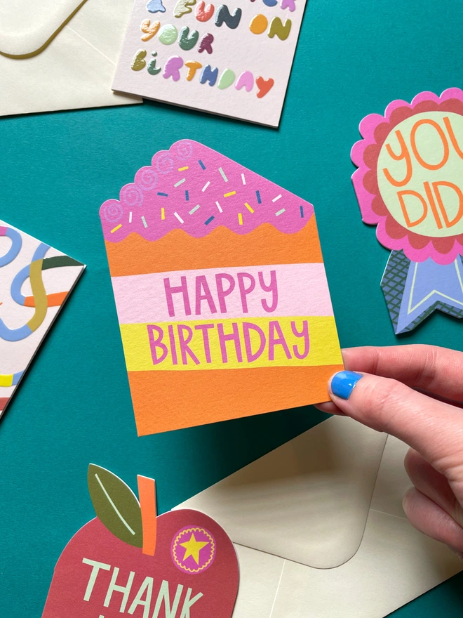 Joyful and Colourful Mini Birthday Cake Shaped Greeting | Raspberry Blossom