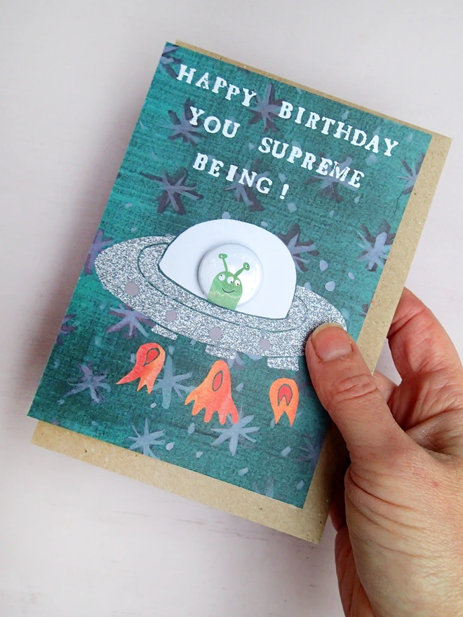 Alien Spaceship Birthday Card with pin badge