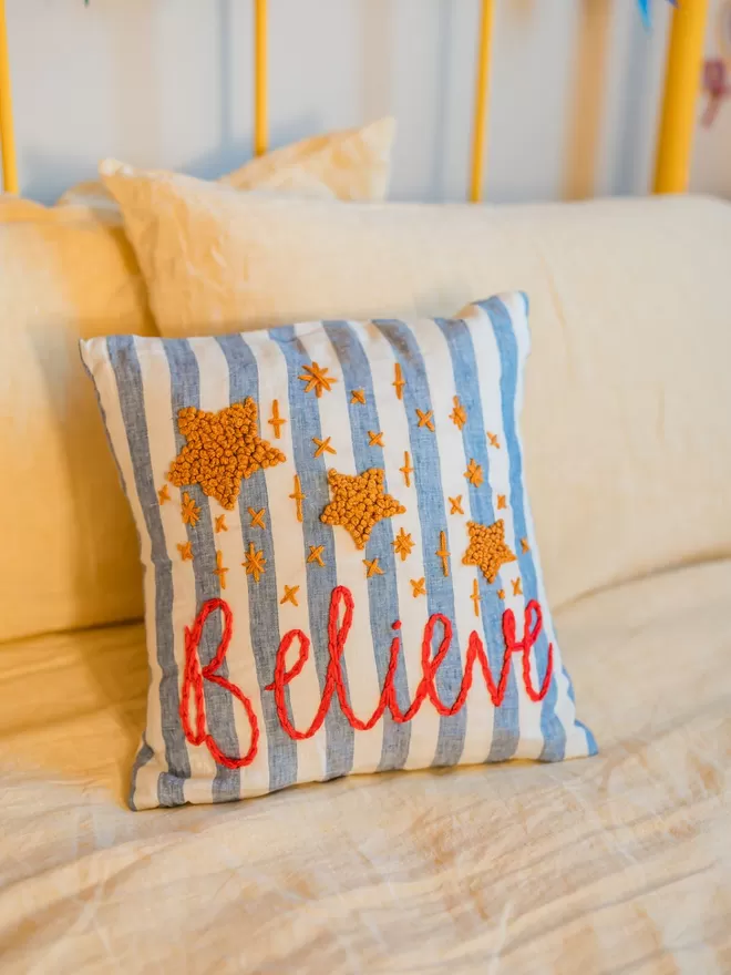 Blue Stripe Star Cushion 'Believe'