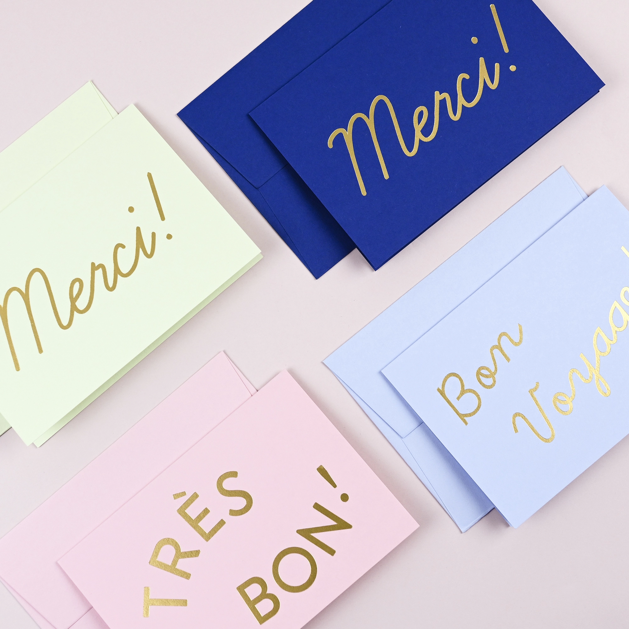 Luxury gold foiled greeting cards in pastel colours of pink, blue, navy and mint green on premium quality sustainable paper with heavyweight envelopes. 