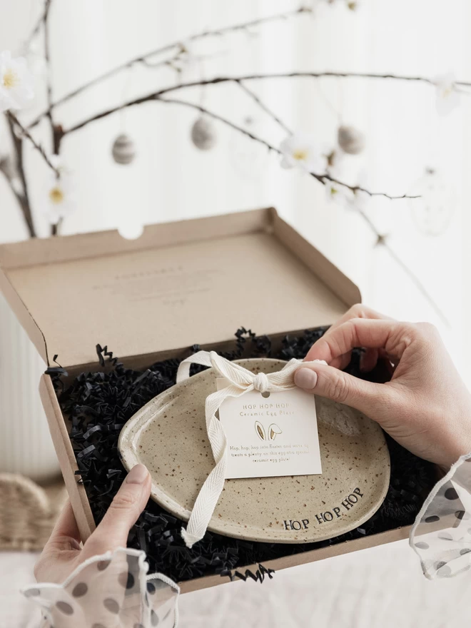 ceramic egg shaped plate with the words 'hop hop hop' around the edge, in a gift box