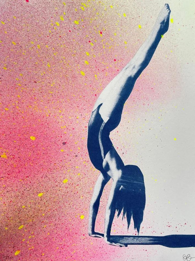 handstand girl pink flecked screen print