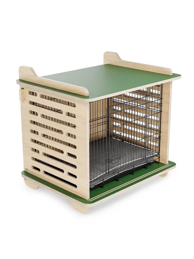 wooden dog crate with sage green top and base side view with cushion