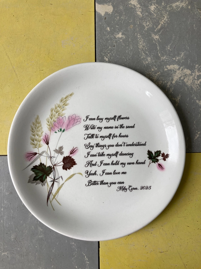 Lyrics plate, Miley Cyrus, Flowers, Miley Cyrus FlowersVintage plate, china plate, hand printed plate, original gift, cool gift, unique gift, ceramic plate, wall art