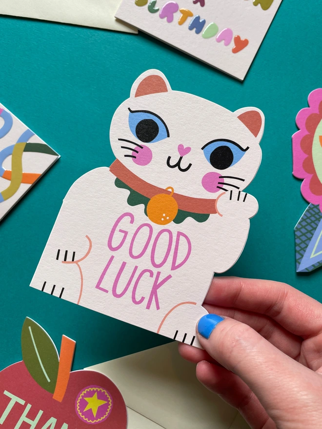 Cute Mini Lucky Cat Shaped Good Luck Card | Raspberry Blossom